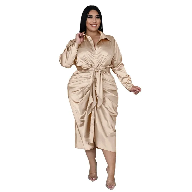 Plus Size Elegant Satin Lace-up Evening Dress with Long Sleeve