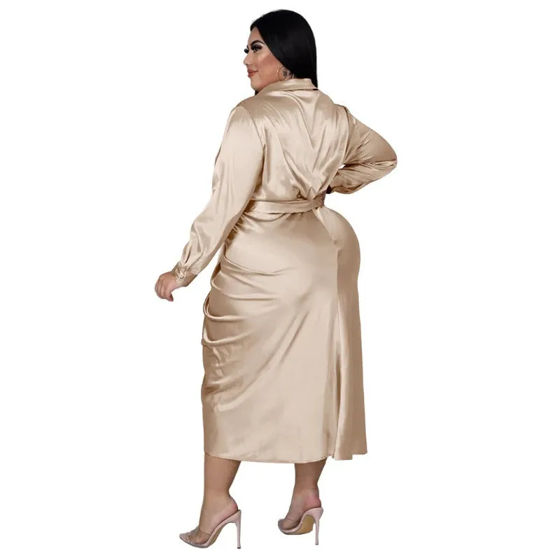 Plus Size Elegant Satin Lace-up Evening Dress with Long Sleeve