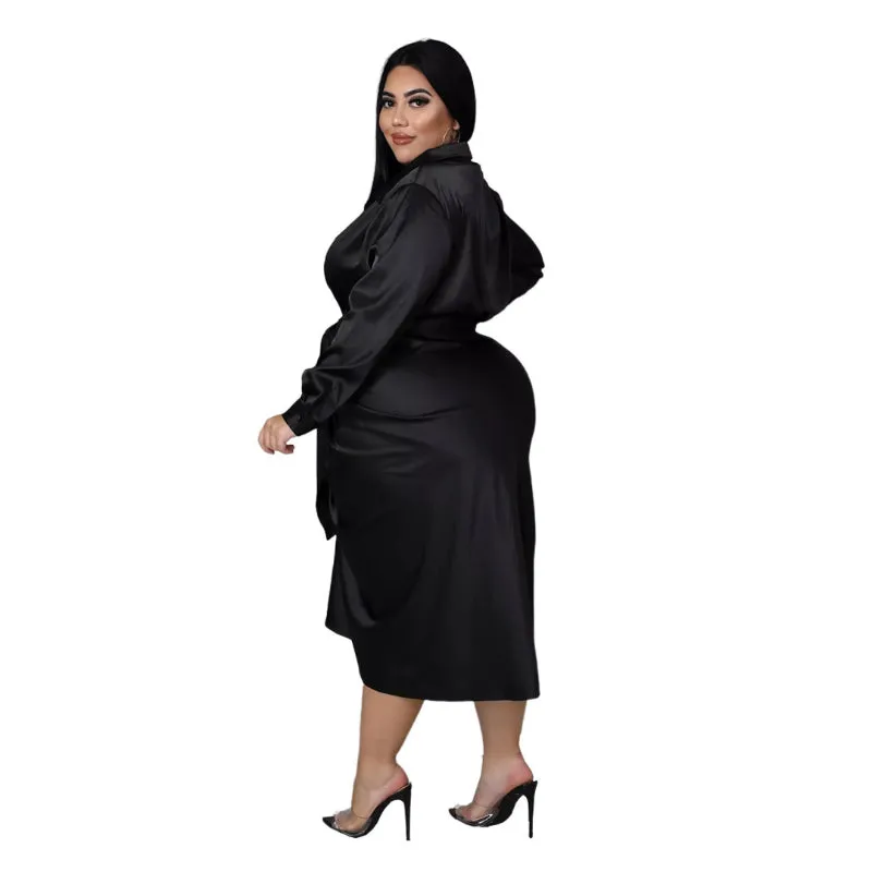 Plus Size Elegant Satin Lace-up Evening Dress with Long Sleeve