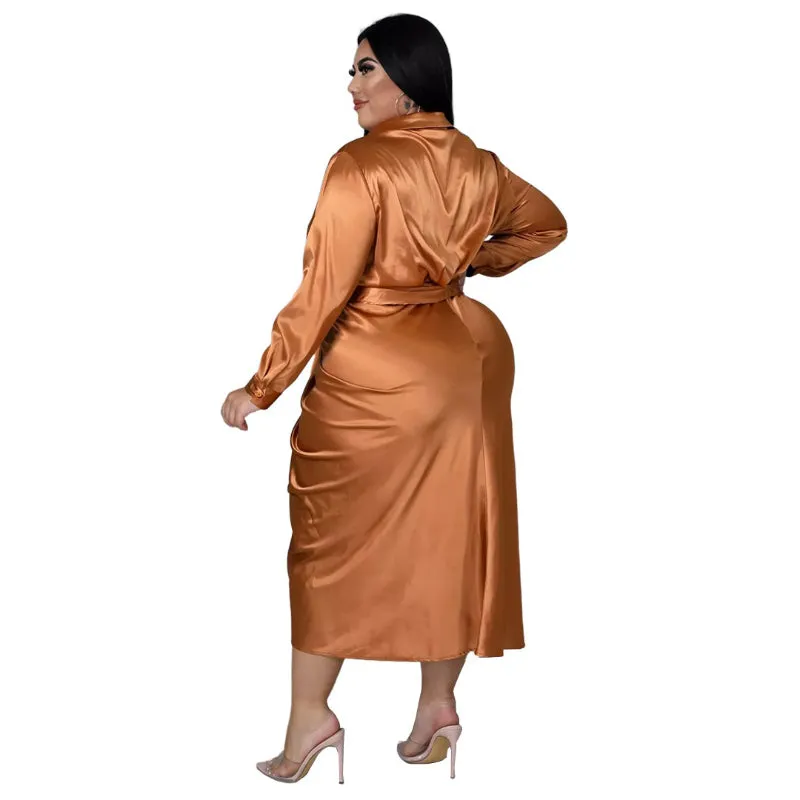 Plus Size Elegant Satin Lace-up Evening Dress with Long Sleeve