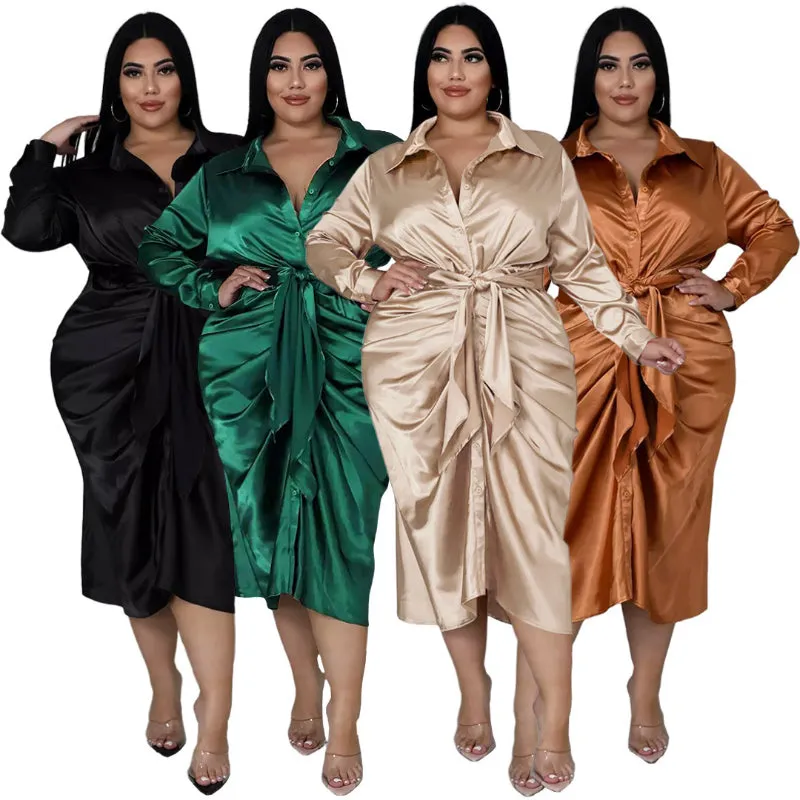 Plus Size Elegant Satin Lace-up Evening Dress with Long Sleeve