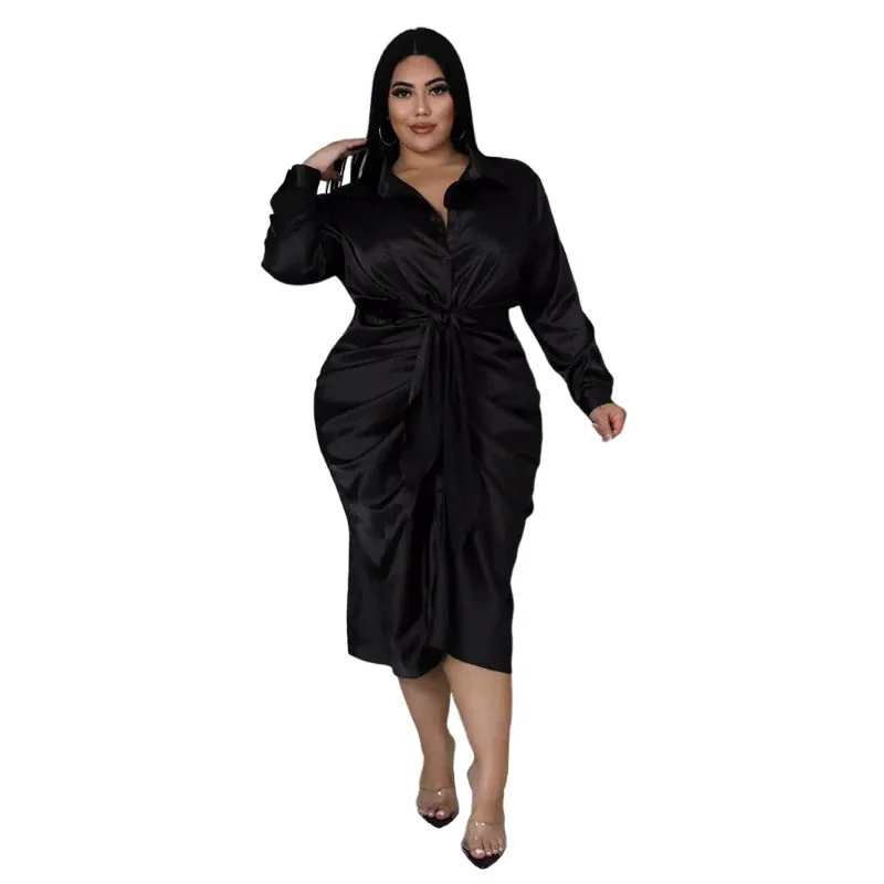 Plus Size Elegant Satin Lace-up Evening Dress with Long Sleeve