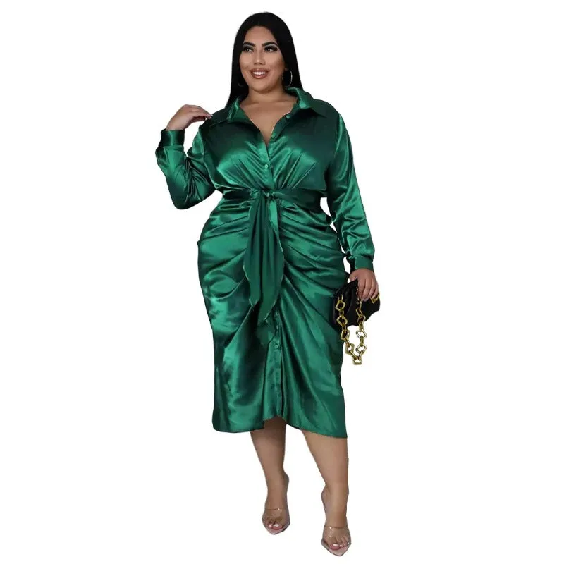 Plus Size Elegant Satin Lace-up Evening Dress with Long Sleeve