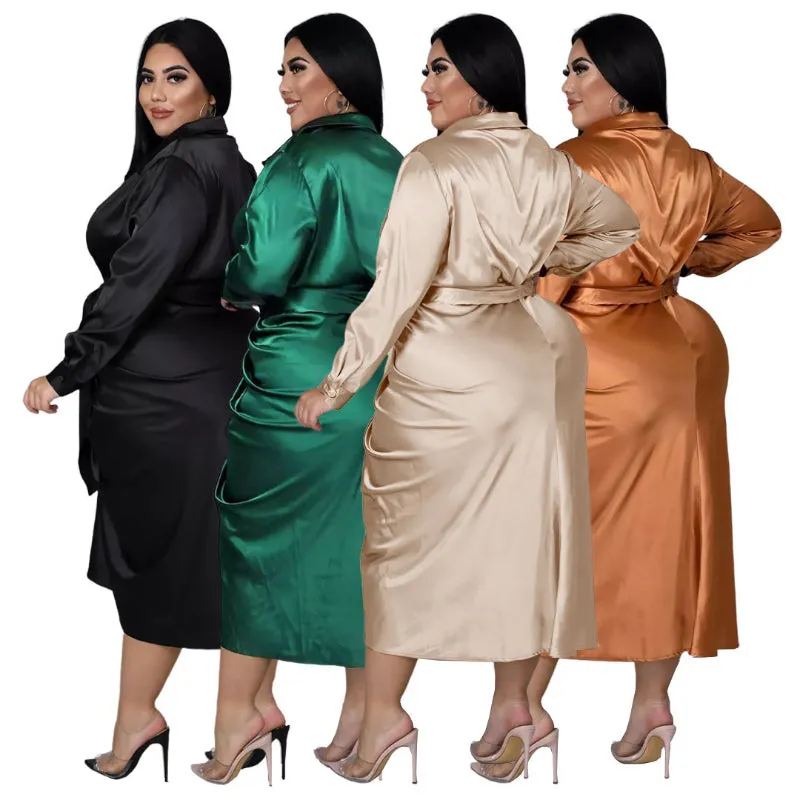 Plus Size Elegant Satin Lace-up Evening Dress with Long Sleeve