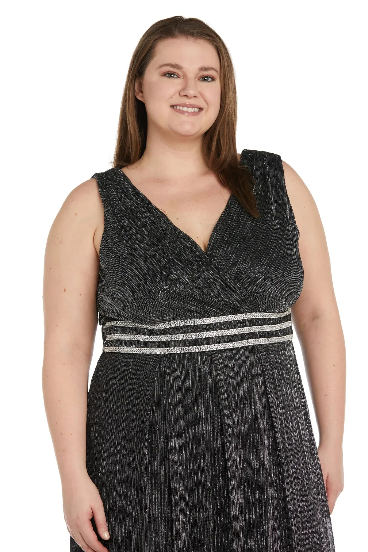 Plus size Sleeveless Crinkle Rhinestone Waist Gown- Evening Gown