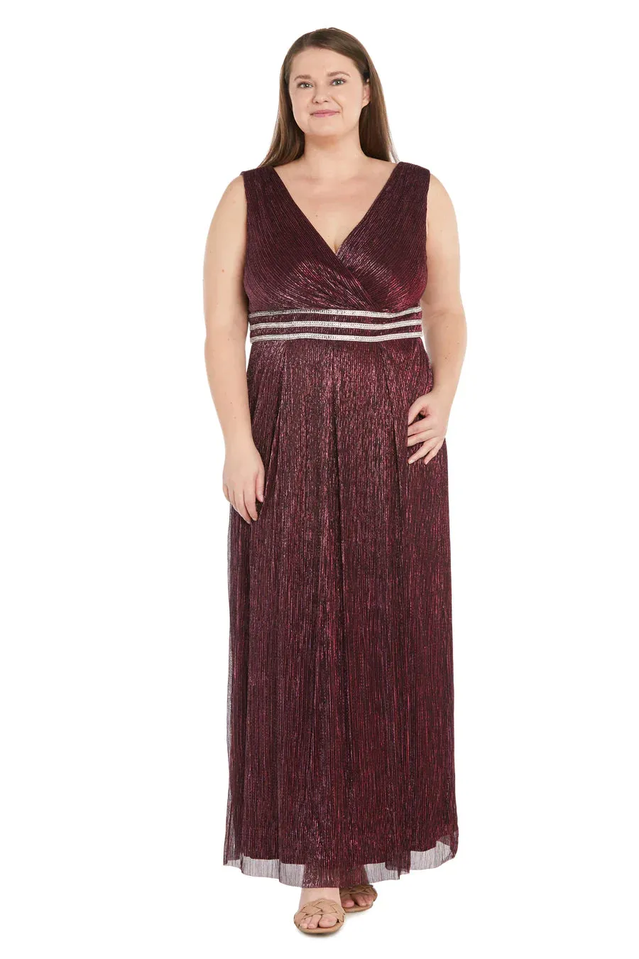 Plus size Sleeveless Crinkle Rhinestone Waist Gown- Evening Gown