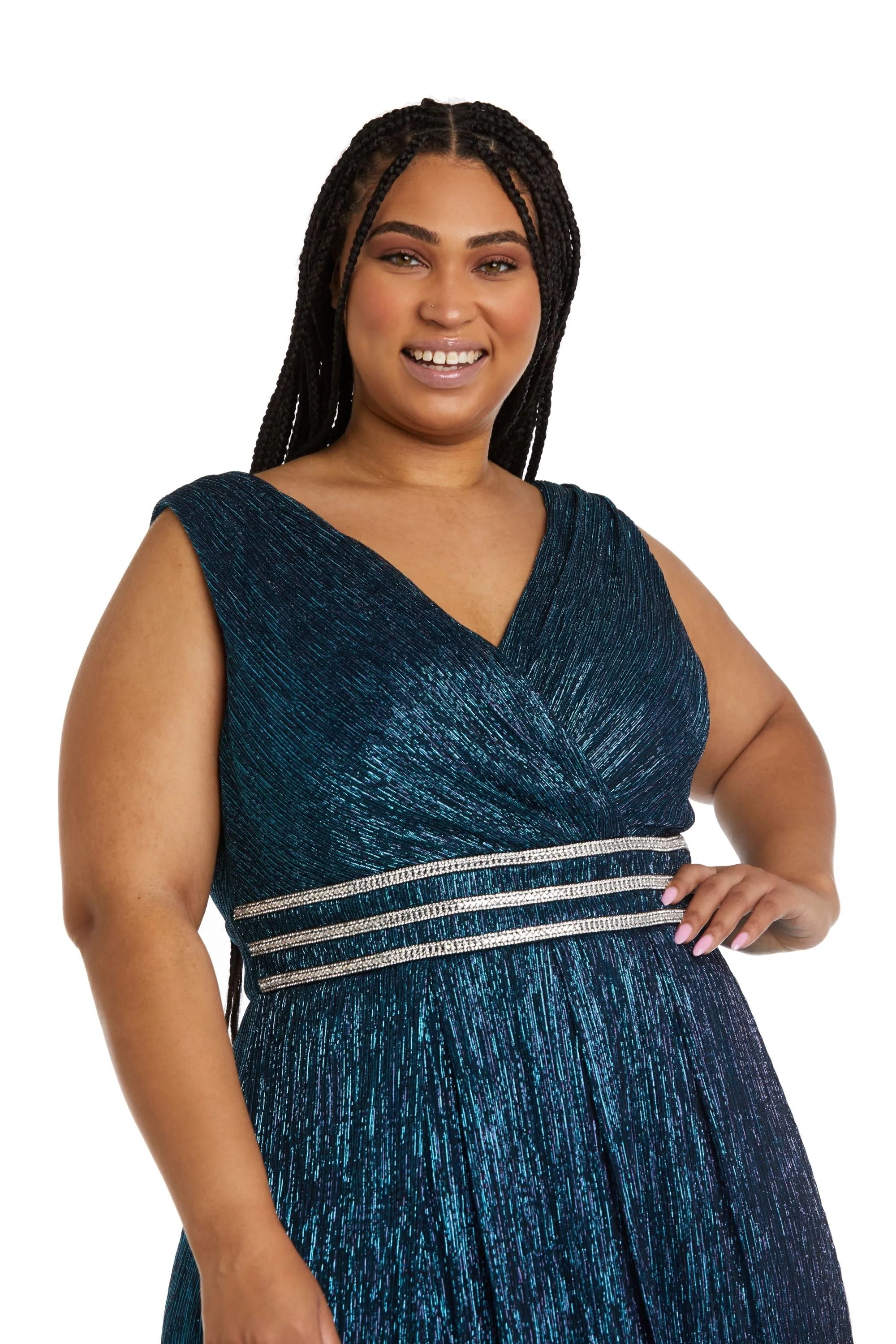 Plus size Sleeveless Crinkle Rhinestone Waist Gown- Evening Gown