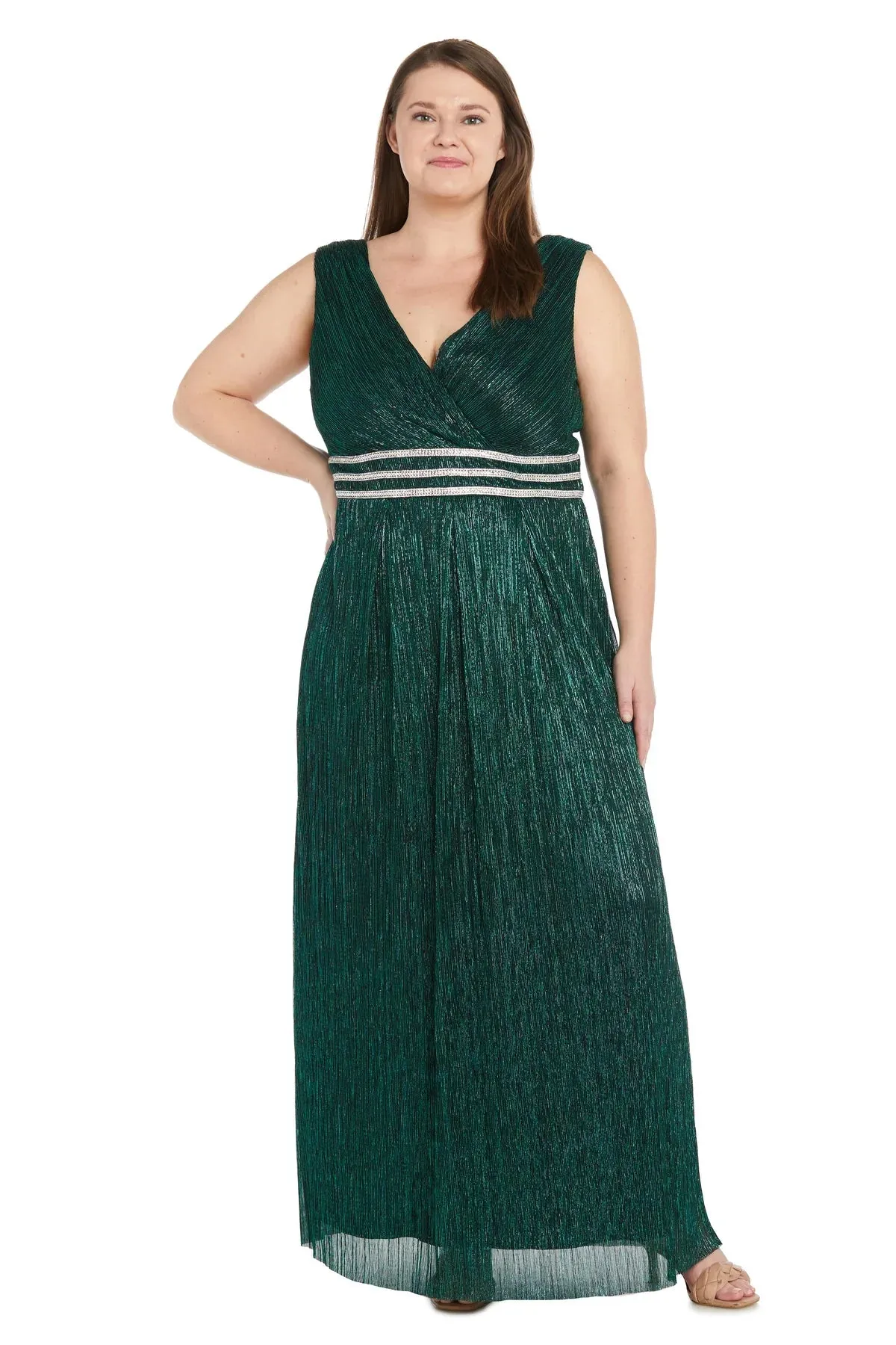 Plus size Sleeveless Crinkle Rhinestone Waist Gown- Evening Gown