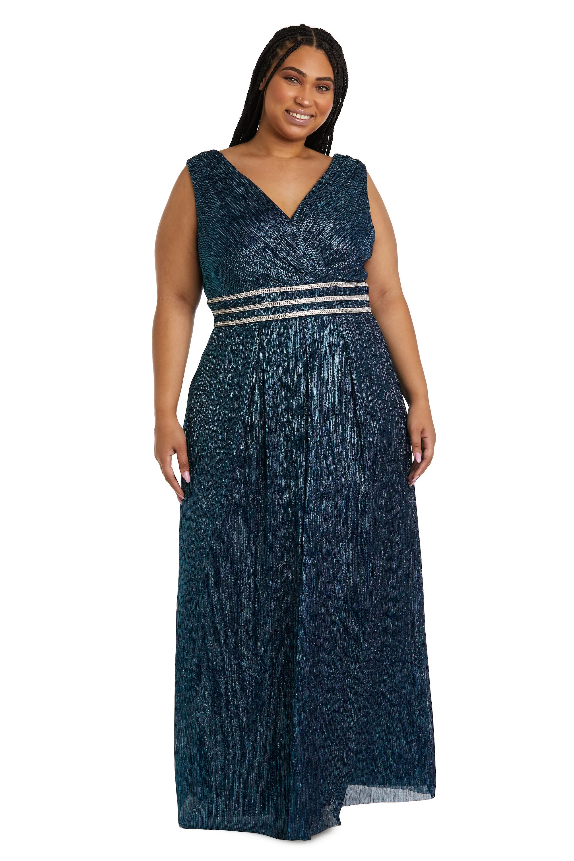 Plus size Sleeveless Crinkle Rhinestone Waist Gown- Evening Gown