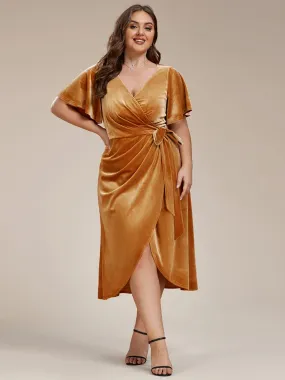 Plus Size V-Neck Ruffles Sleeve Velvet One-Piece Type Wedding Guest Dress