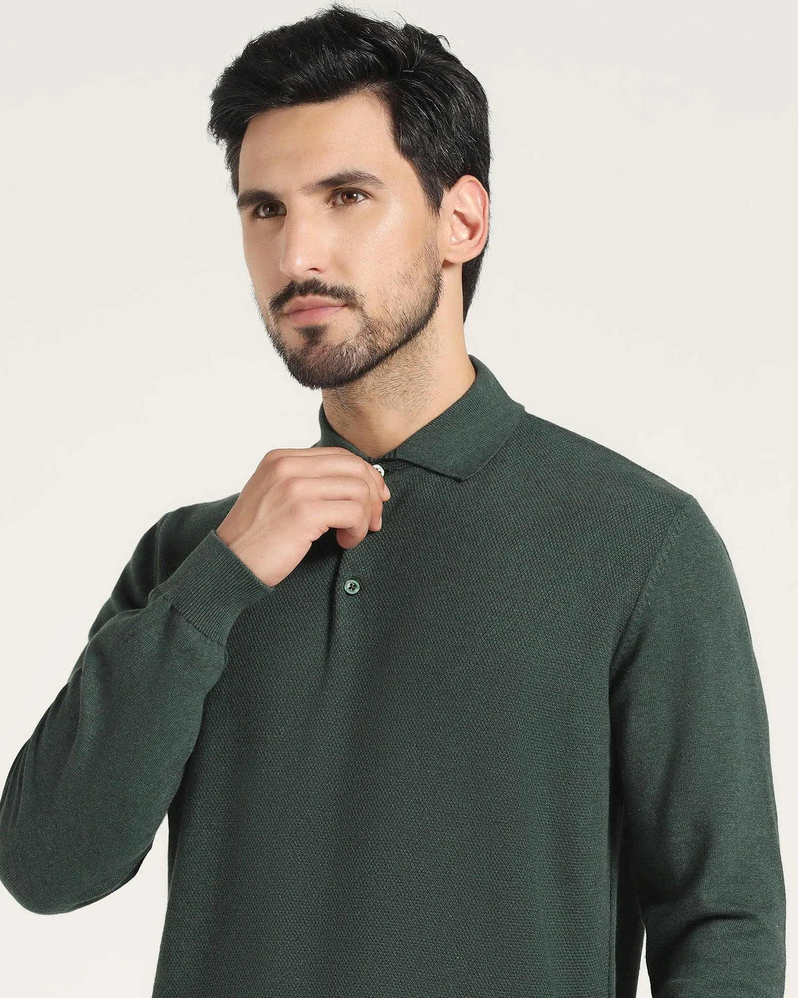 Polo Neck Green Solid Sweater - Jill