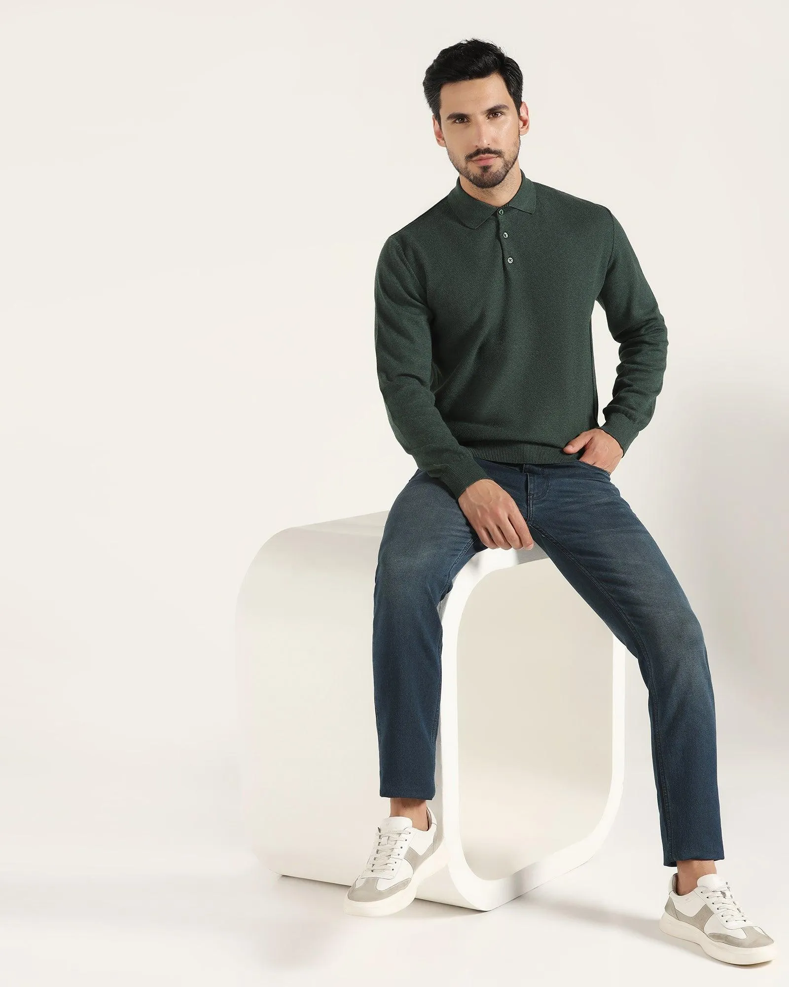 Polo Neck Green Solid Sweater - Jill