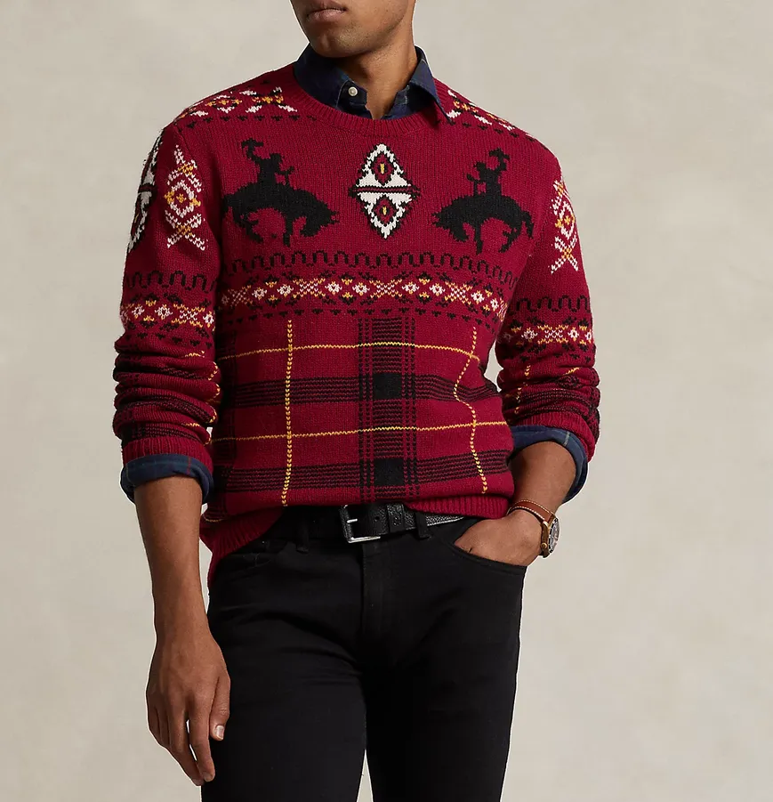 POLO Ralph Lauren MEN Wool Blend Chunky Knit Western Fair Isle Crewneck Sweater