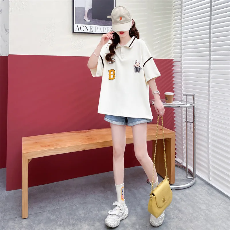 Polo shirt drop shoulder T-shirt kawaii rabbit appliques college style casual top