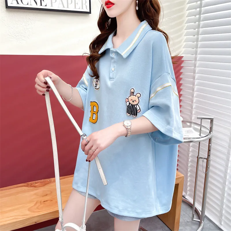 Polo shirt drop shoulder T-shirt kawaii rabbit appliques college style casual top