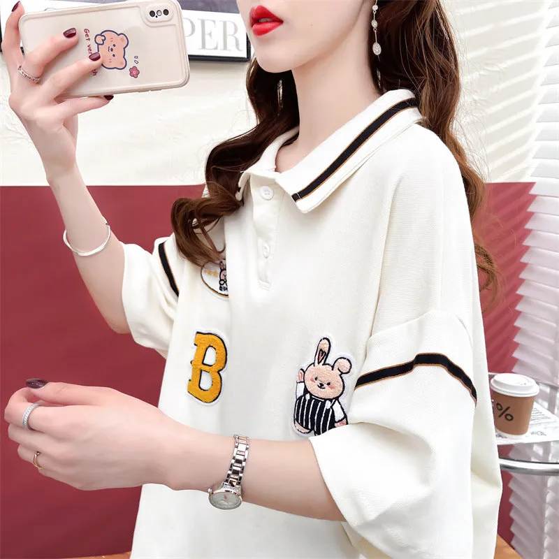 Polo shirt drop shoulder T-shirt kawaii rabbit appliques college style casual top