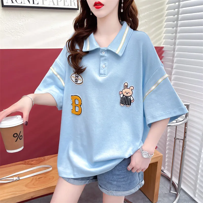 Polo shirt drop shoulder T-shirt kawaii rabbit appliques college style casual top