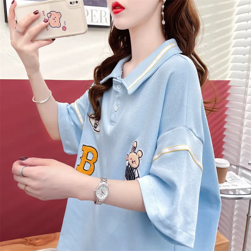 Polo shirt drop shoulder T-shirt kawaii rabbit appliques college style casual top