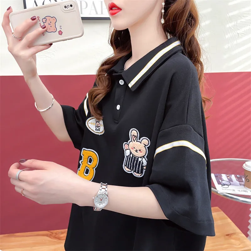 Polo shirt drop shoulder T-shirt kawaii rabbit appliques college style casual top