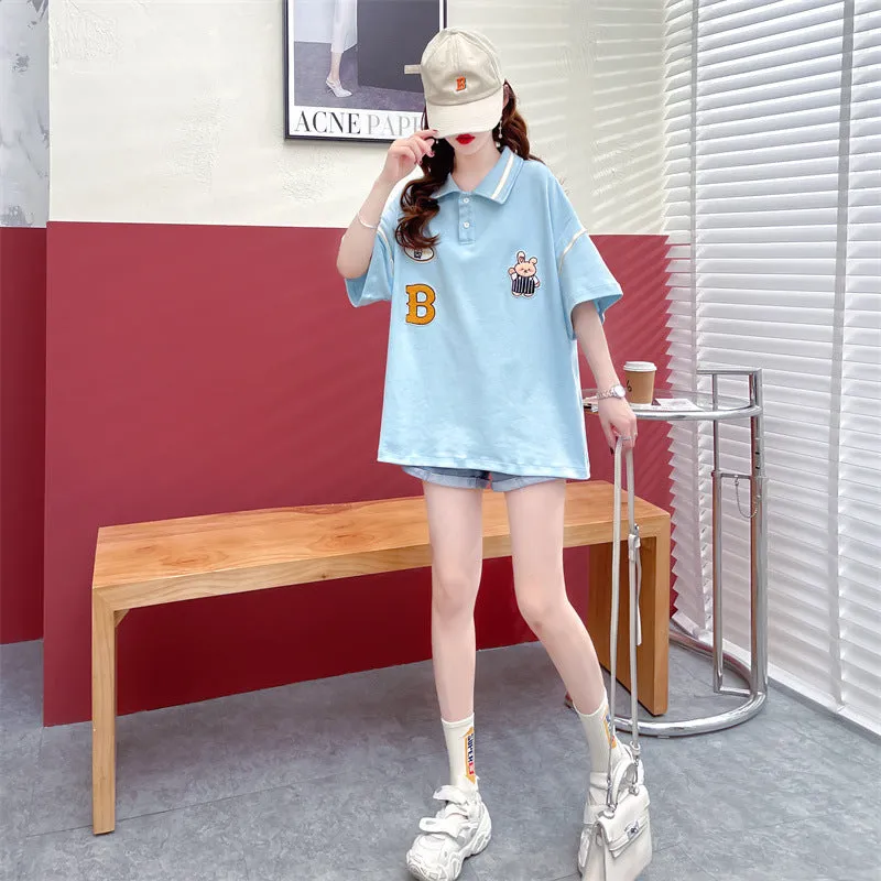 Polo shirt drop shoulder T-shirt kawaii rabbit appliques college style casual top