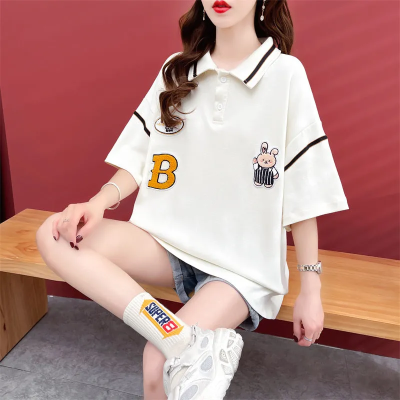 Polo shirt drop shoulder T-shirt kawaii rabbit appliques college style casual top