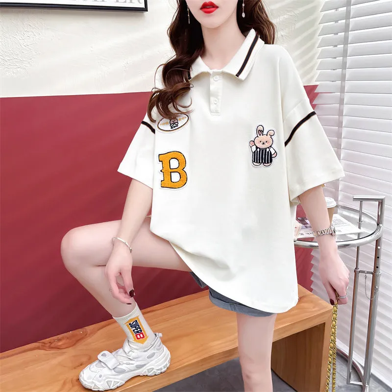 Polo shirt drop shoulder T-shirt kawaii rabbit appliques college style casual top