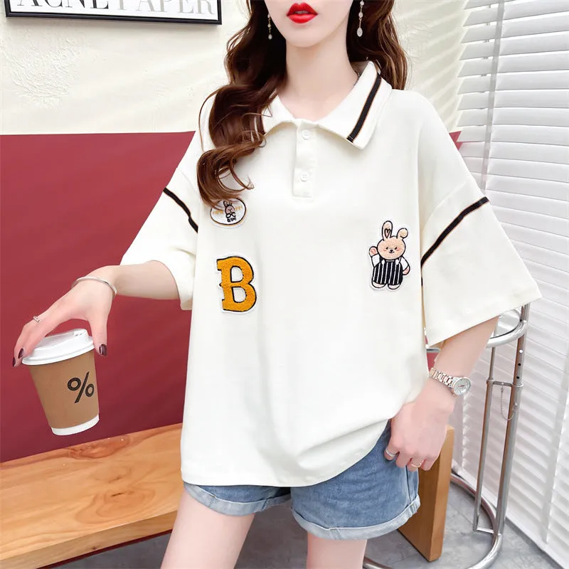 Polo shirt drop shoulder T-shirt kawaii rabbit appliques college style casual top