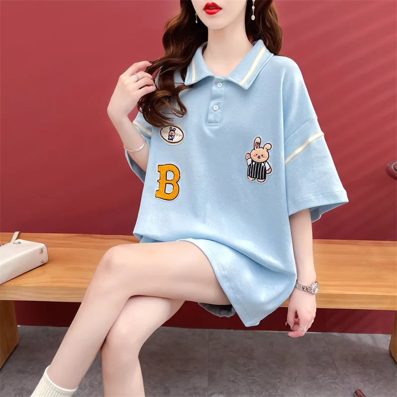 Polo shirt drop shoulder T-shirt kawaii rabbit appliques college style casual top