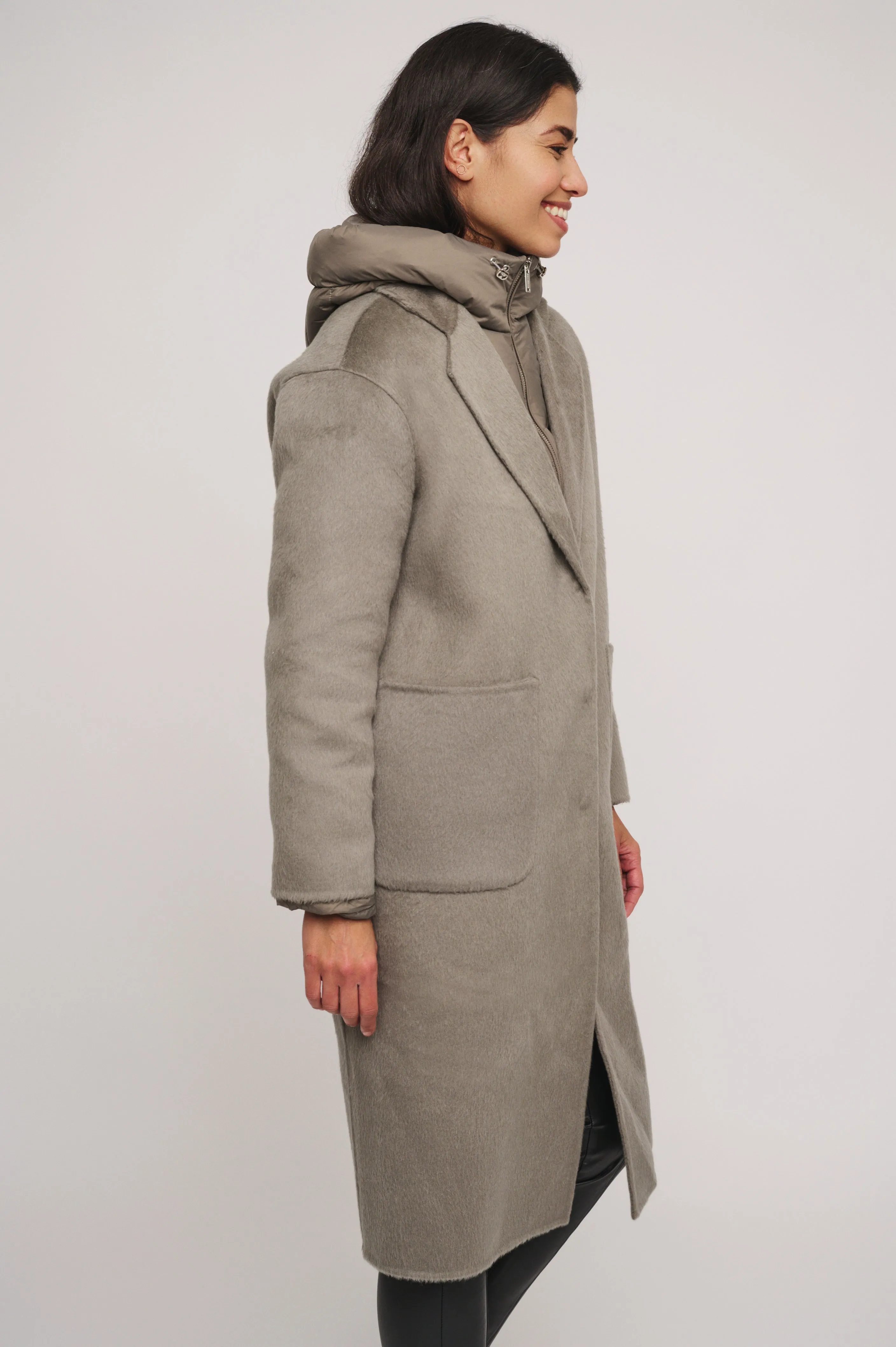 Reni 2 in 1 wool coat with removable down jacket in Dark Artichoke