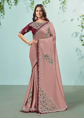 Rose Pink Silk Satin Embroidered Designer Saree