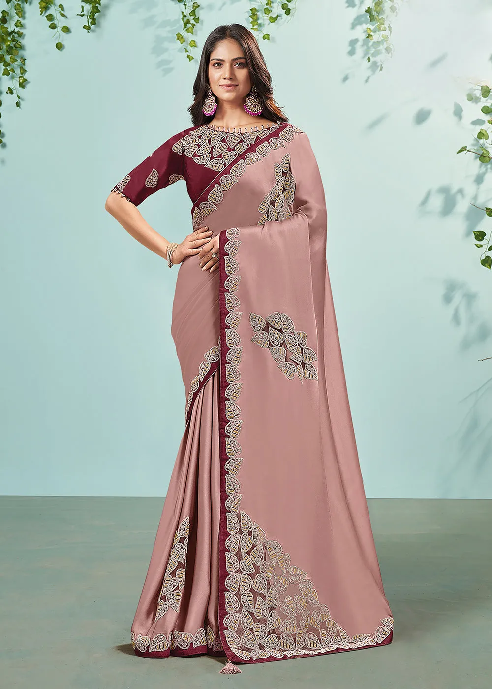 Rose Pink Silk Satin Embroidered Designer Saree