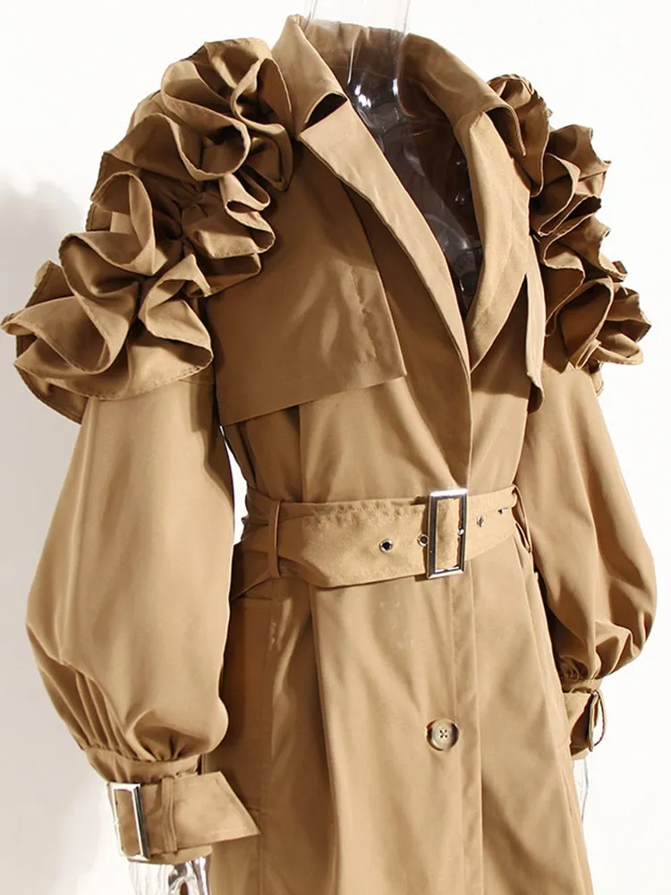 Ruffle Trim Trench Coat For Women Lapel Long Sleeve Sashes Ruched Solid Korean Coats Female Clothes Autumn