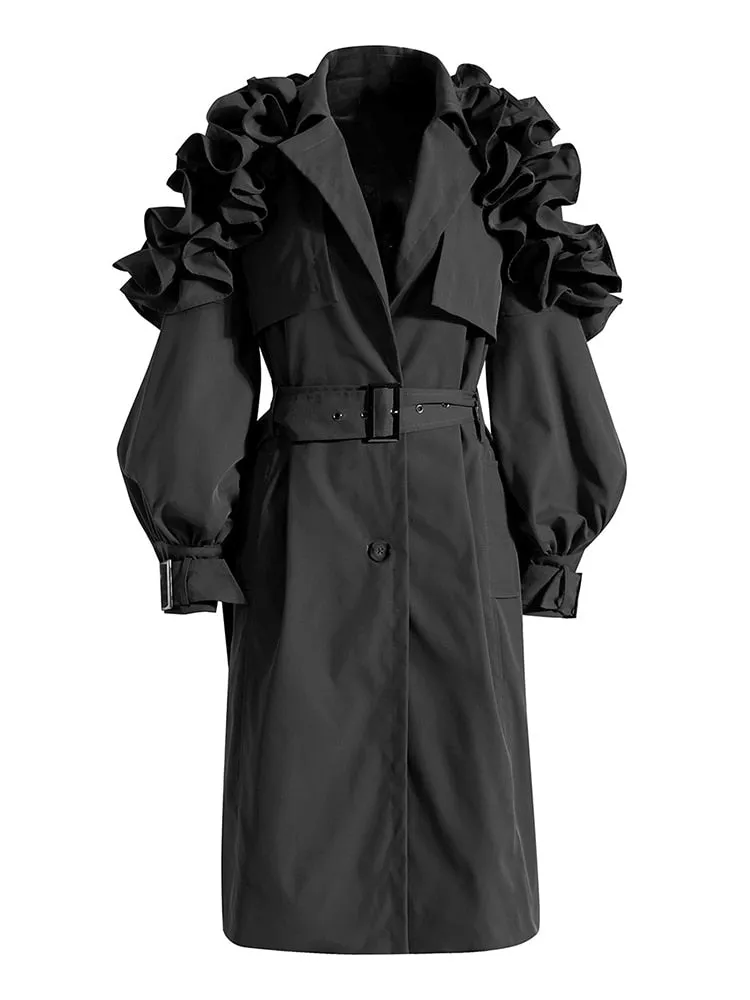 Ruffle Trim Trench Coat For Women Lapel Long Sleeve Sashes Ruched Solid Korean Coats Female Clothes Autumn