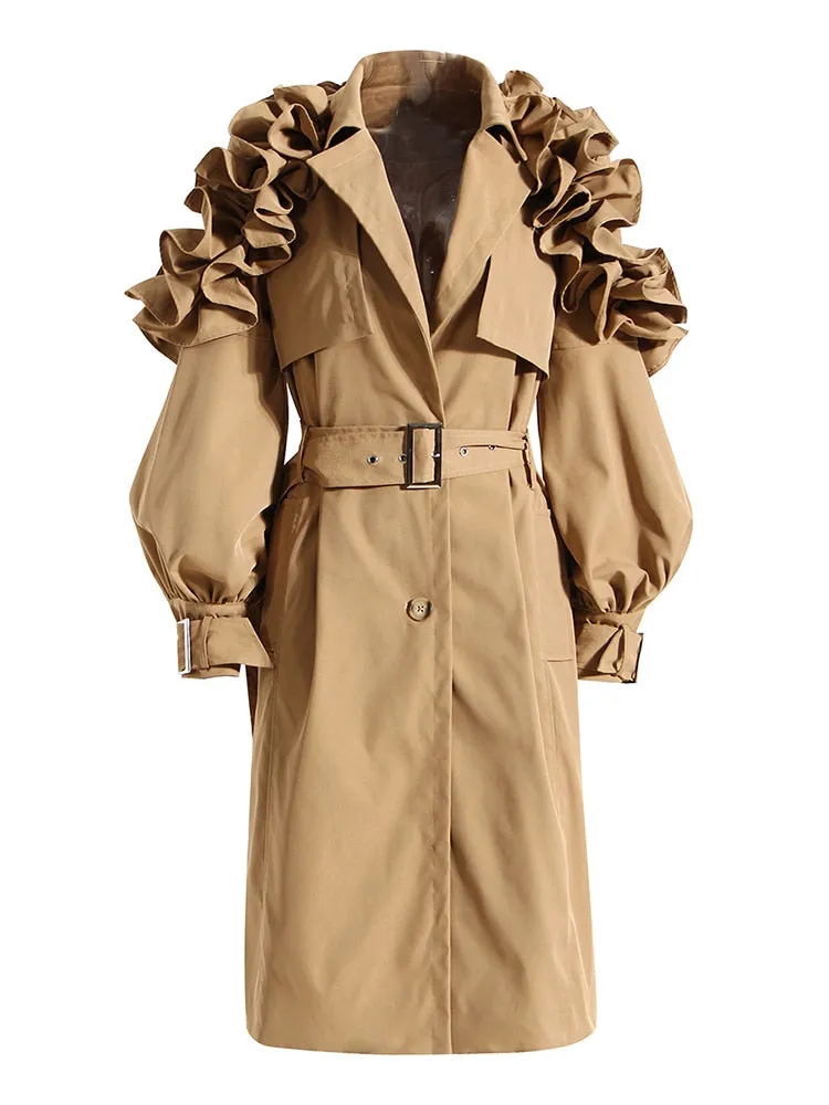 Ruffle Trim Trench Coat For Women Lapel Long Sleeve Sashes Ruched Solid Korean Coats Female Clothes Autumn