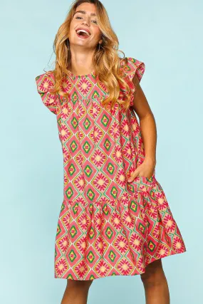 Ruffled Printed Dress with Side Pockets