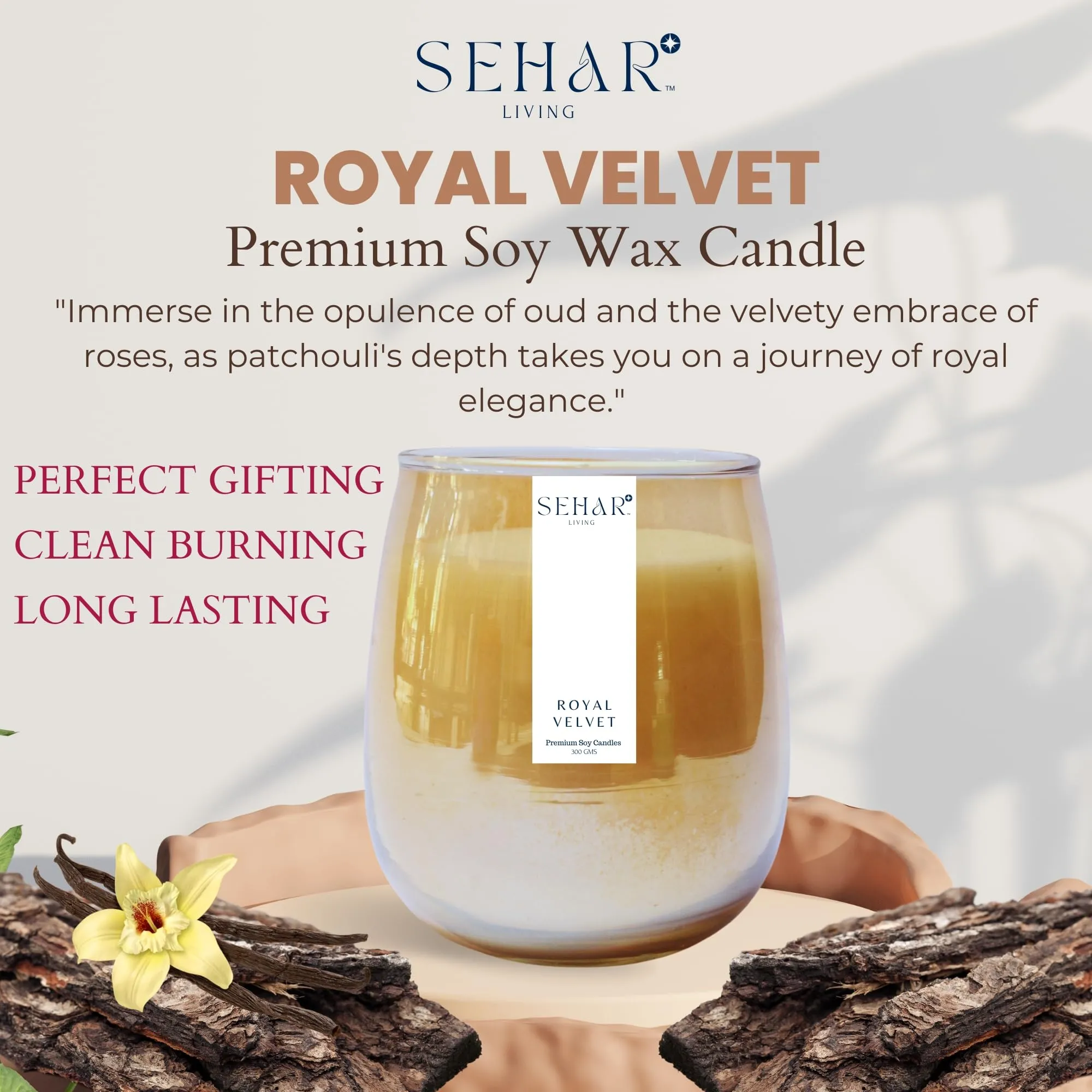 Sehar Living Enchanted Elegance Collection - Royal Velvet | 300 Gm | Pure Soy Wax | Burn Time - 50-60 Hours | Reusable Glass Jar | Hand Poured | Oud | Vanilla & Rose | Patchouli