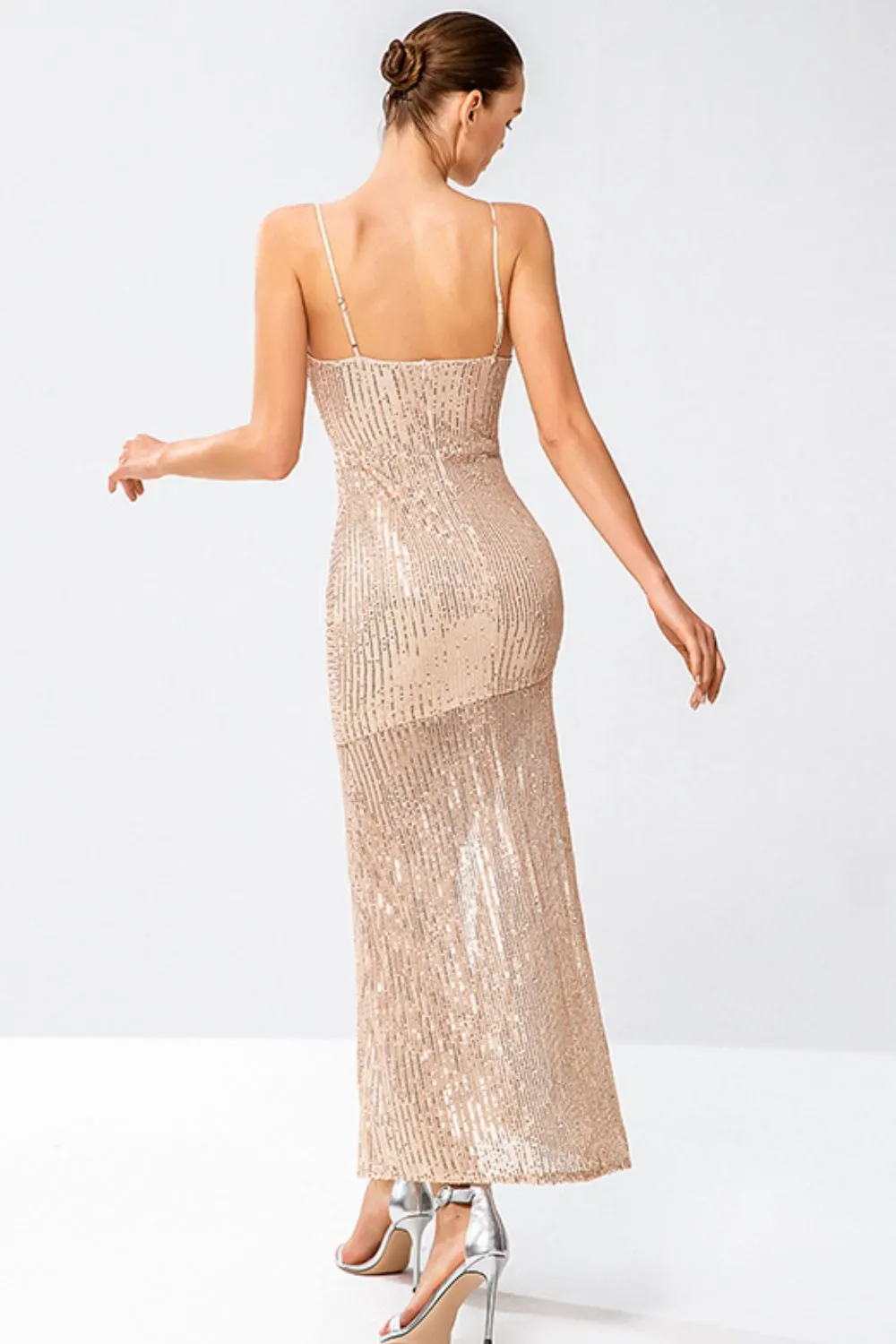 Sequin Spaghetti Strap Split Zip-Back Dress