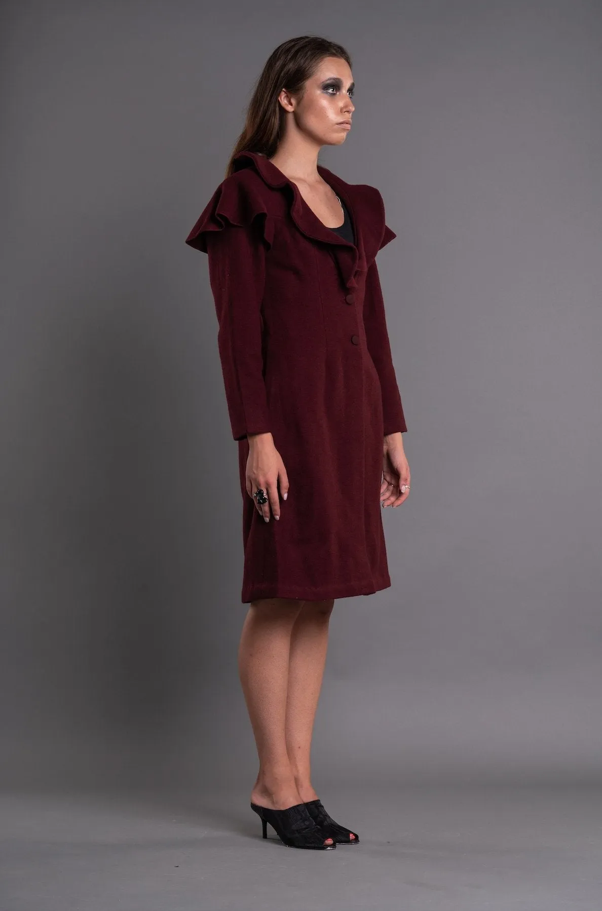 Shawl Collar Ruffle Coat Dress - Dag Dai