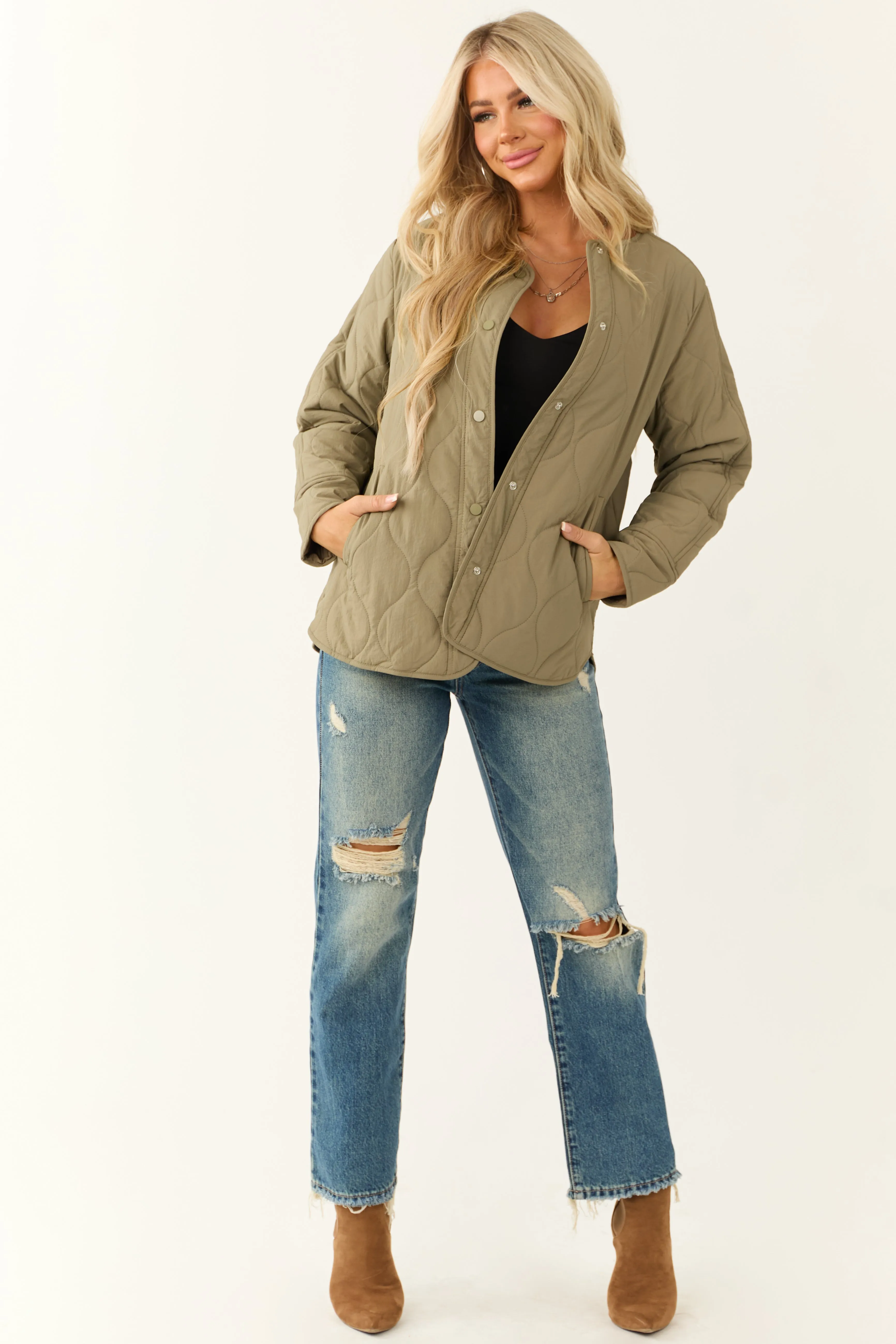 She Sky Olive Long Sleeve Button Down Quilted Jacket