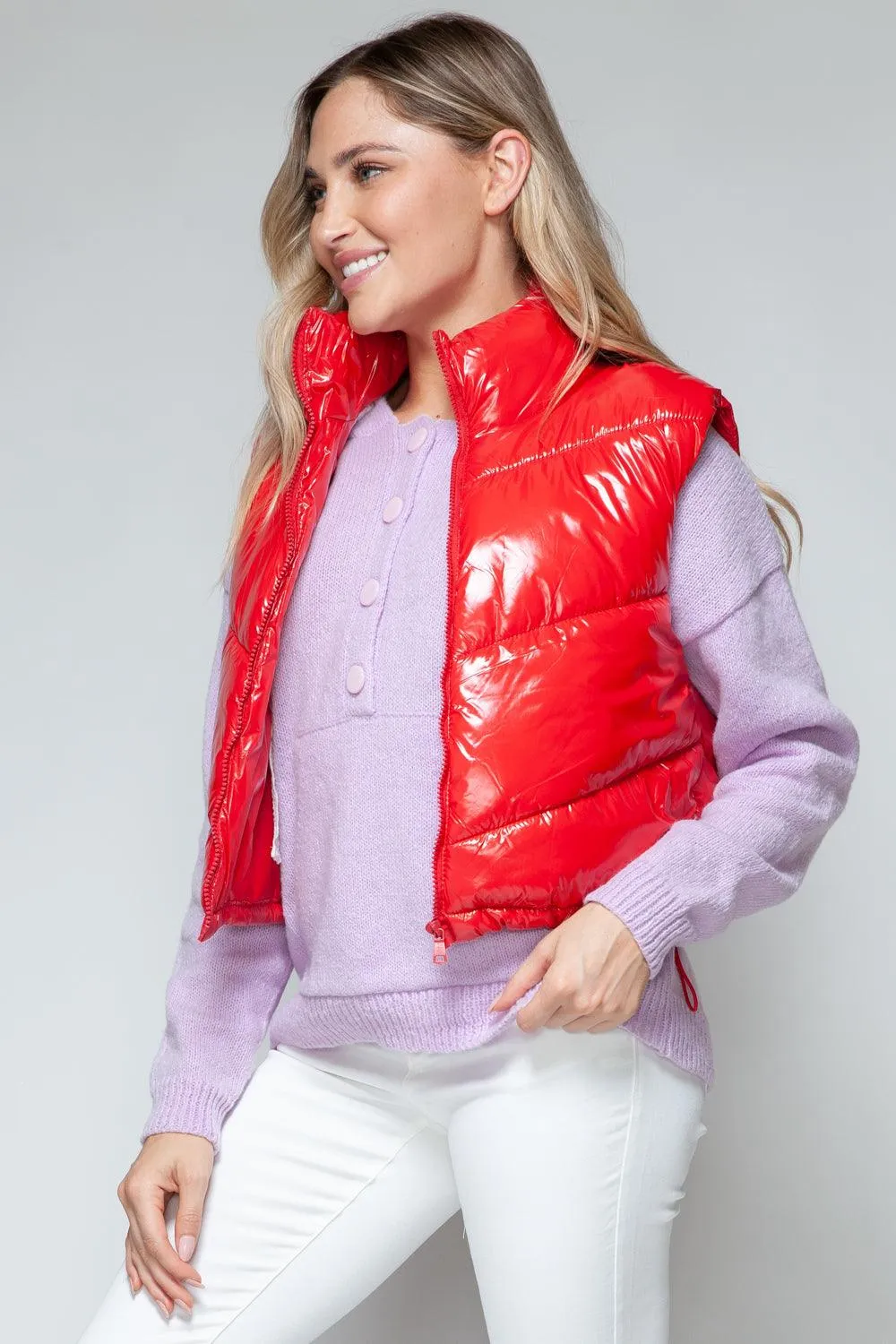 Shiny Quilted Red Vest Snobbish Zip Up Turtleneck Sleeveless