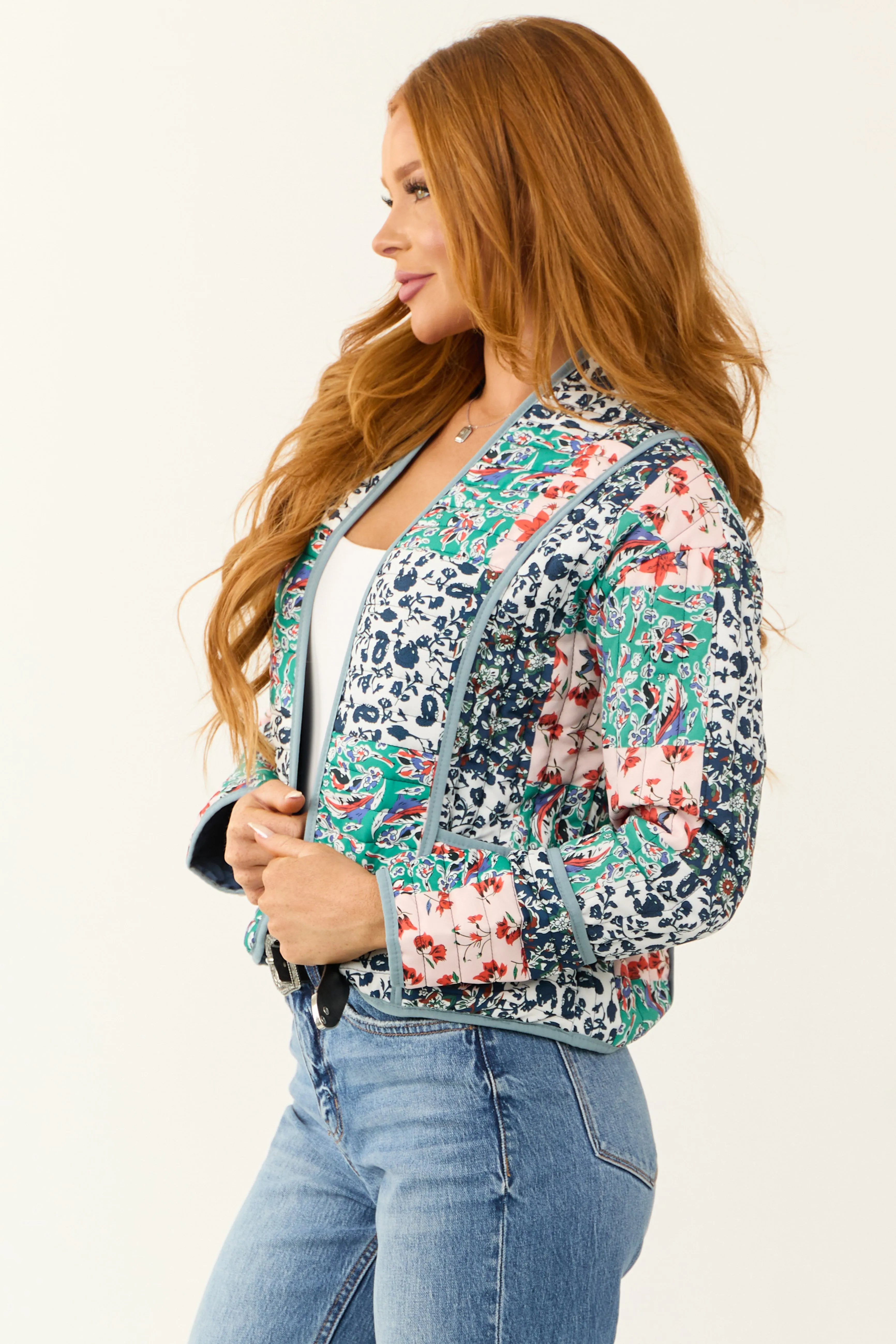 Slate Blue Floral Multiprint Quilted Jacket