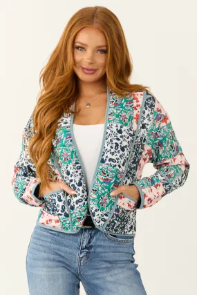 Slate Blue Floral Multiprint Quilted Jacket