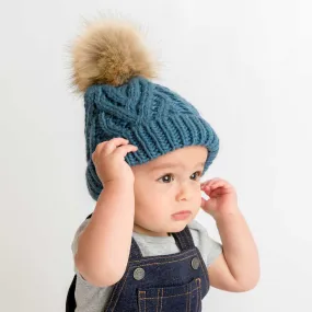 Slate Blue Pop Pom Pom Beanie Hat