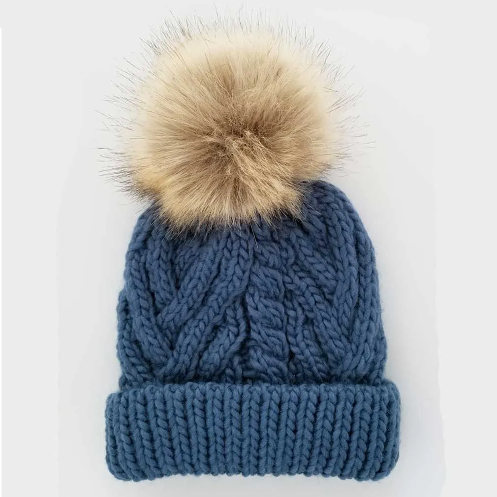 Slate Blue Pop Pom Pom Beanie Hat