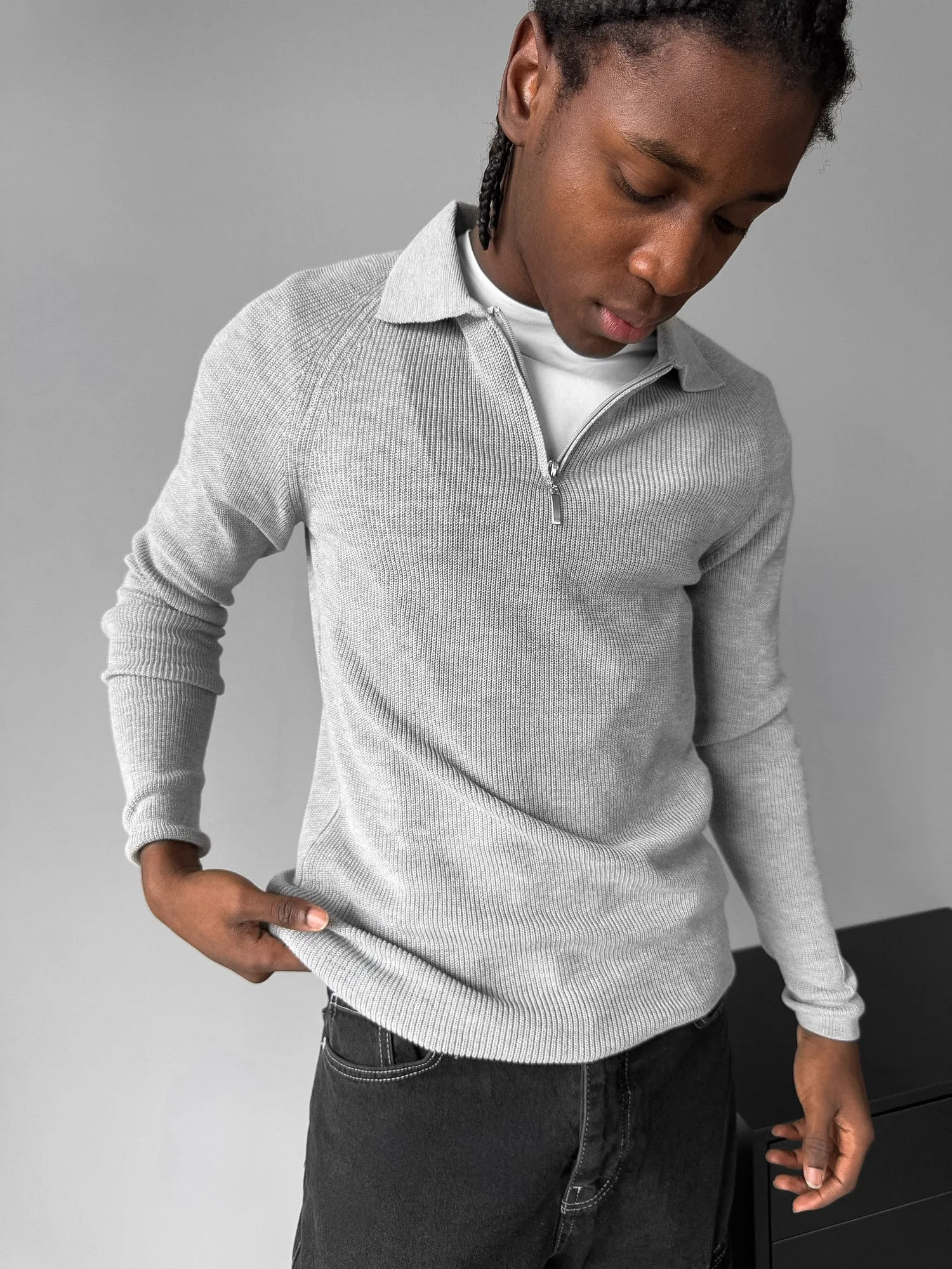 Slim Fit Knit Zipper Polo Sweater - Grey