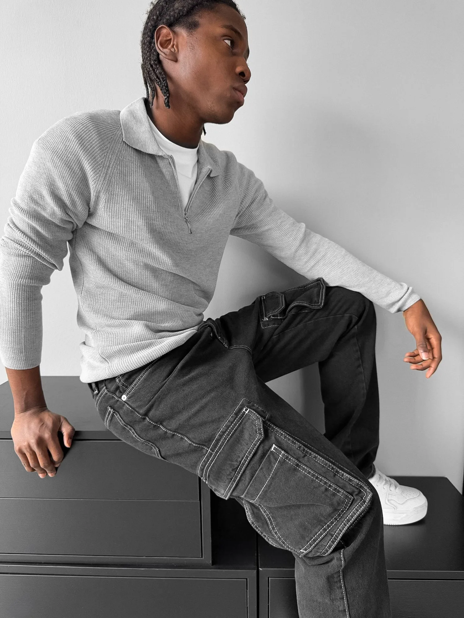 Slim Fit Knit Zipper Polo Sweater - Grey