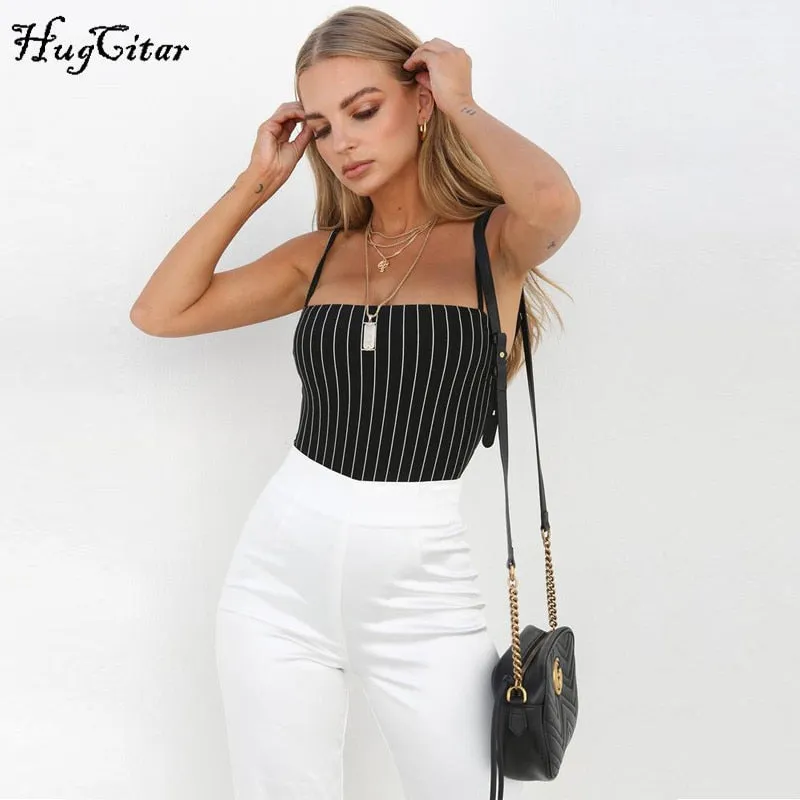 Spaghetti strap striped slash neck backless sexy bodycon bodysuit