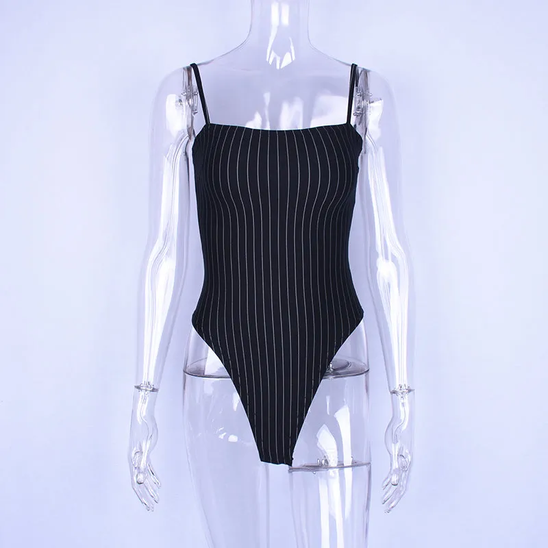 Spaghetti strap striped slash neck backless sexy bodycon bodysuit