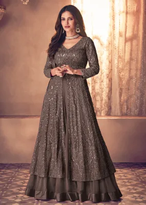 Spectacular Grey Floor Length Sequins Work Anarkali Suit