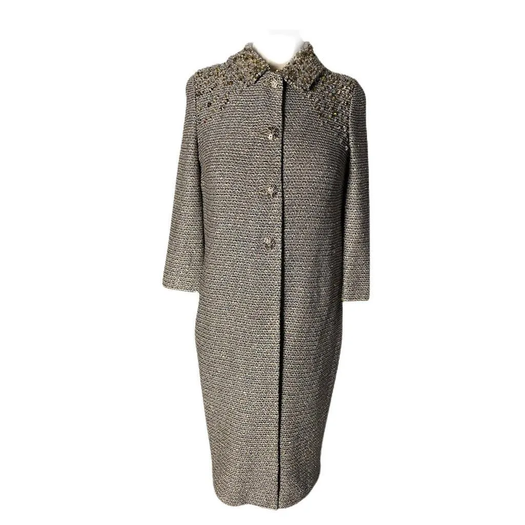 ST. JOHN COUTURE Long Silver Coat with Bead Details | Size US 4